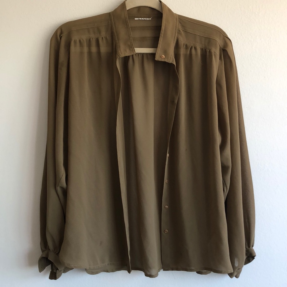 Long Sleeve Button Down Sheer Olive Top